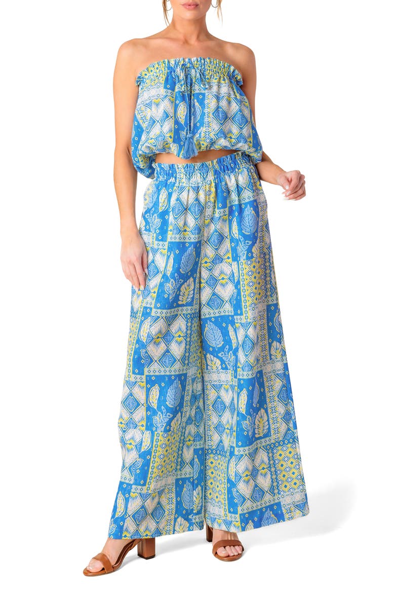 Strapless Bubble Top & Wide Leg Pant Set, Main, color, BLUE/ LIME