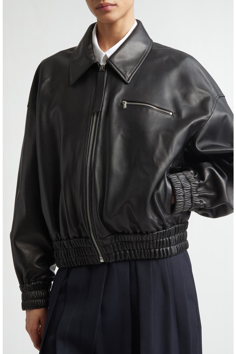 Boxy Sheepskin Leather Zip Blouson Jacket, Alternate, color, BLACK