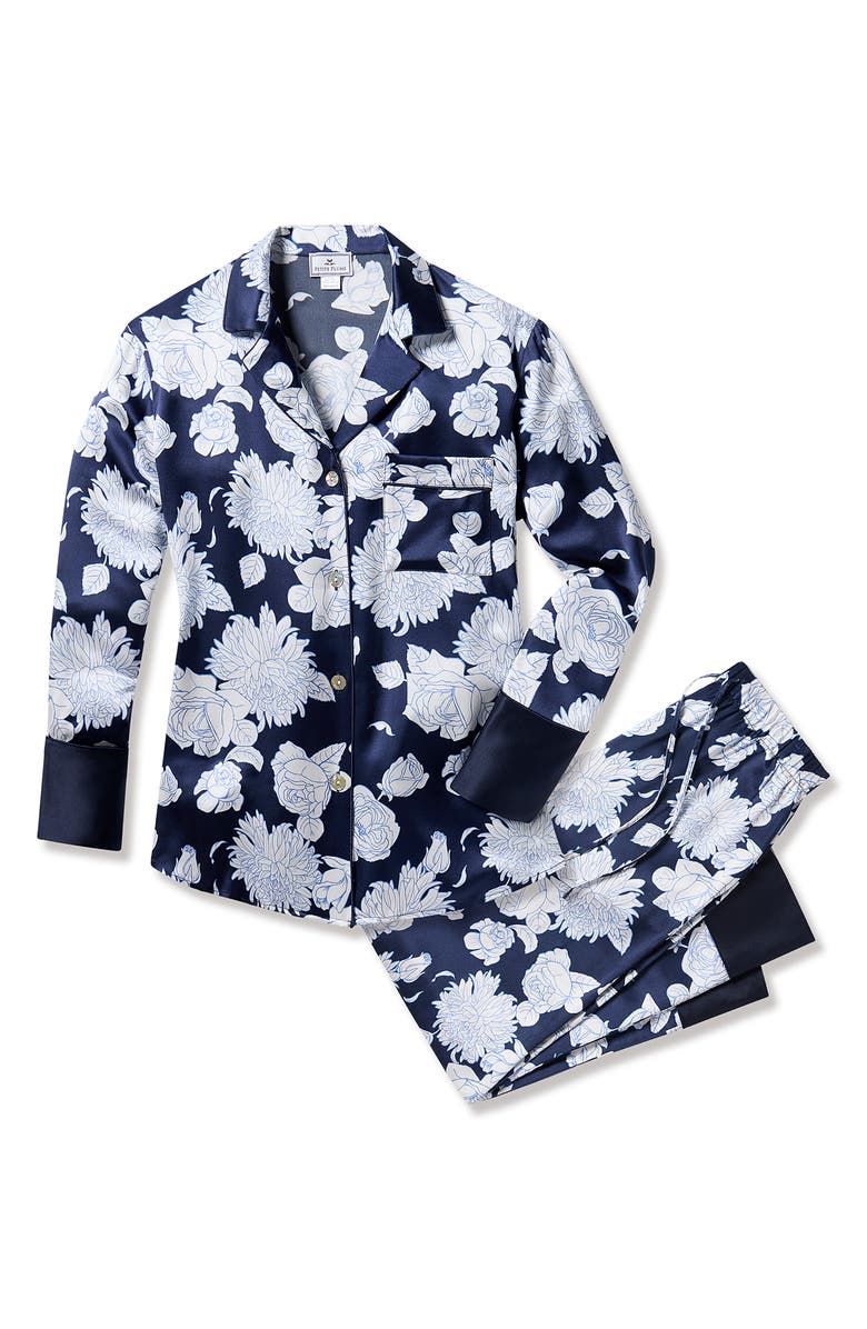 Petite Plume Midnight Blooms Silk Pajamas, Alternate, color, Navy