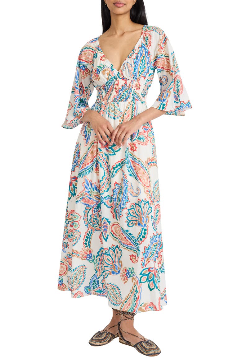 Floral Cutout Midi Dress, Main, color, IVORY/ HOT CORAL