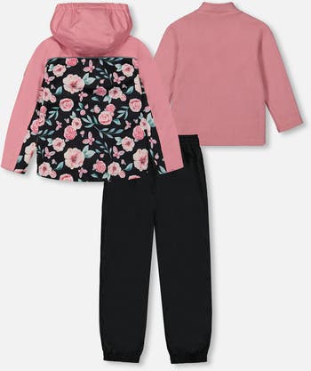 3-In-1 Mid-Season Outerwear Set With Printed Jacket Pink, Black, And Flowers