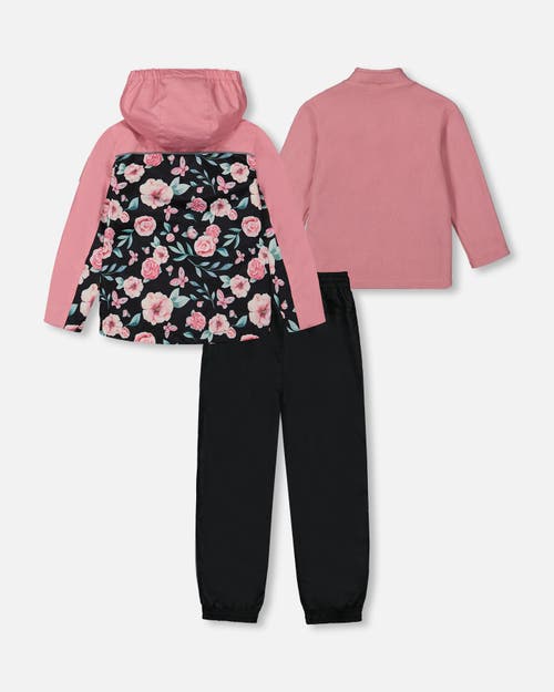 DEUX PAR DEUX DEUX PAR DEUX BABY GIRL'S 3-IN-1 MID-SEASON OUTERWEAR SET WITH PRINTED JACKET PINK, BLACK, AND FLOWE