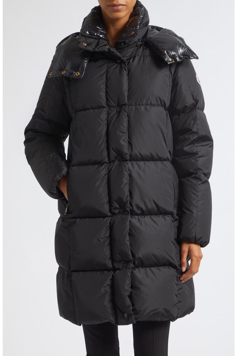 Litte Long Water Repellent Quilted Down Coat, Main, color, BLACK