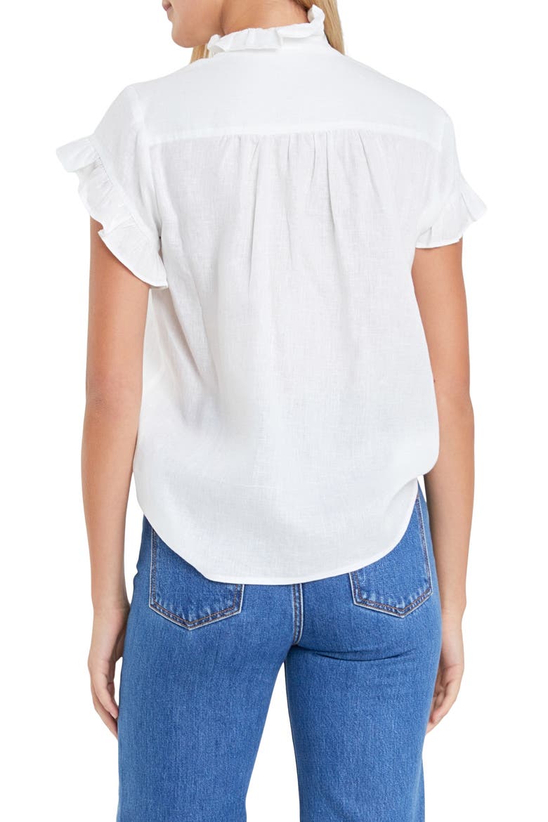 Ruffle Trim Linen Button-Up Shirt, Alternate, color, OFF WHITE