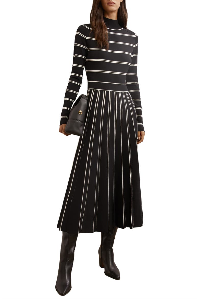 Amber Stripe Pleated Long Sleeve Midi Dress, Main, color, BLACK/ IVORY