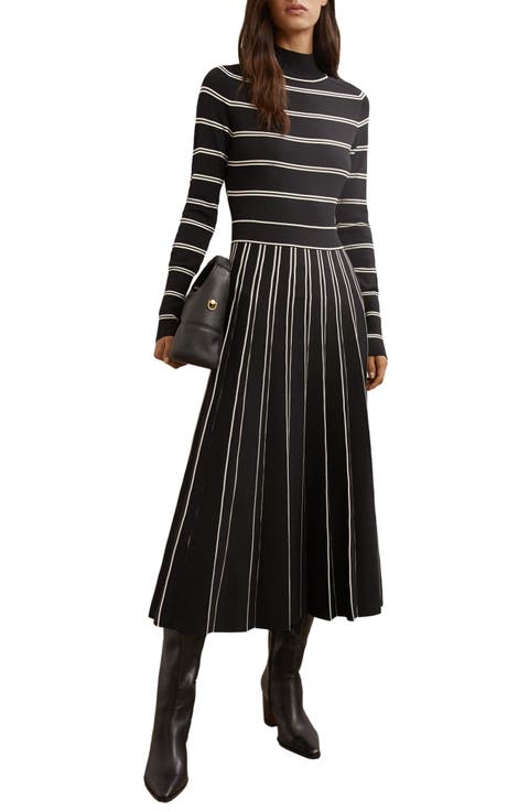 Amber Stripe Pleated Long Sleeve Midi Dress