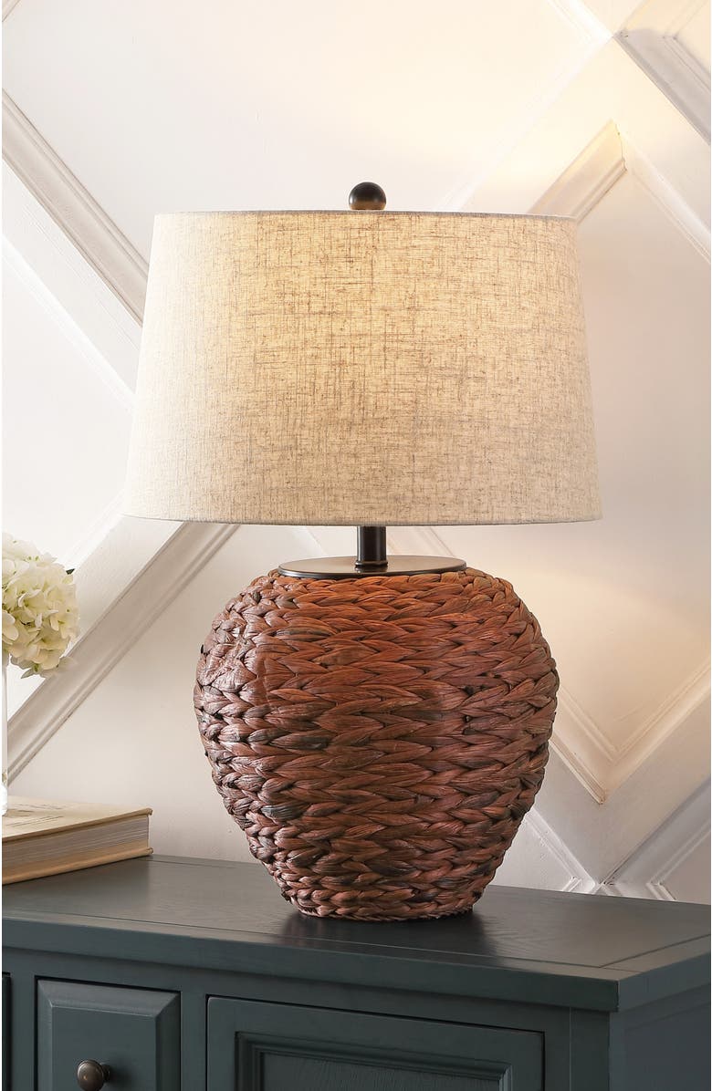 JONATHAN Y Alaro Farmhouse Coastal Water Hyacinth Basket LED Table Lamp, Alternate, color, Dark Brown