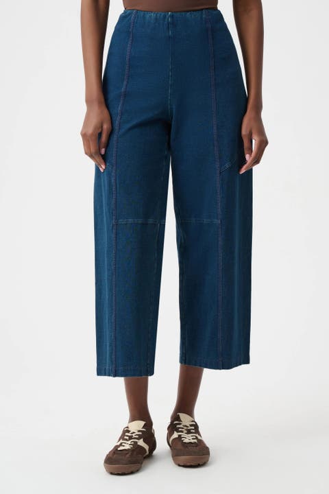 Knit Denim Culotte Pull-On Pants