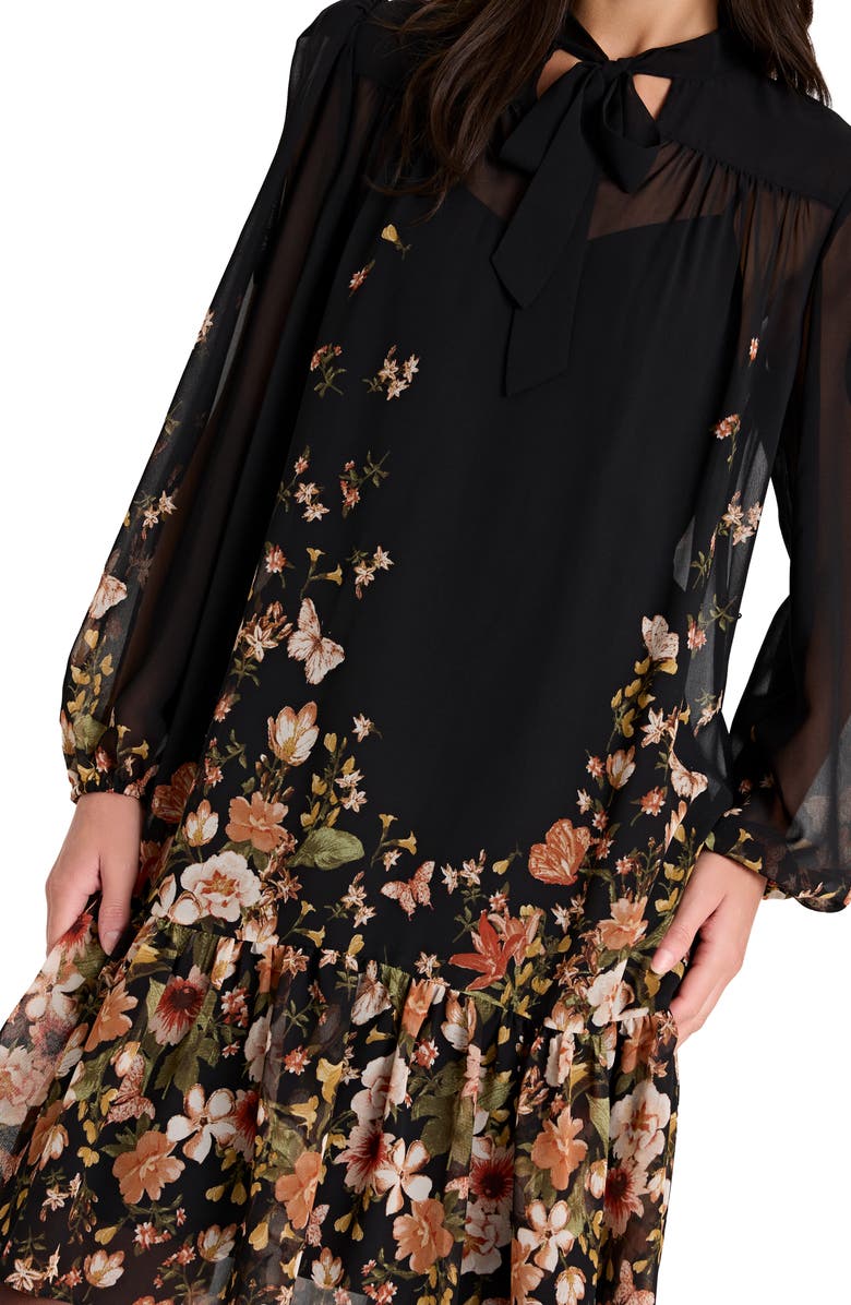 Tahari ASL Print Tie Waist Long Sleeve Dress, Alternate, color, Black Multi