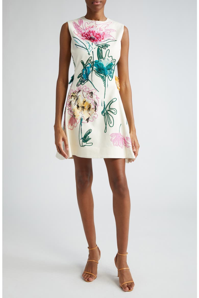 Floral Embellished Sleeveless Fit & Flare Dress, Main, color, IVORY MULTI
