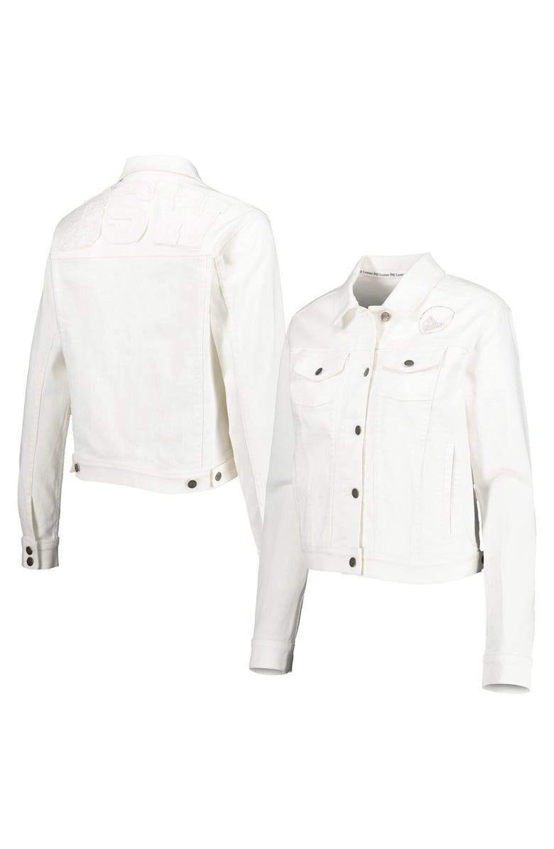 LUSSO Women's Lusso White Golden State Warriors Swarovski Crystal & Distressed Button-Up Denim Jacket, Main, color, White