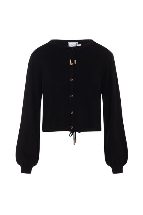 Cropped Knit Button Front Drawstring Cardigan