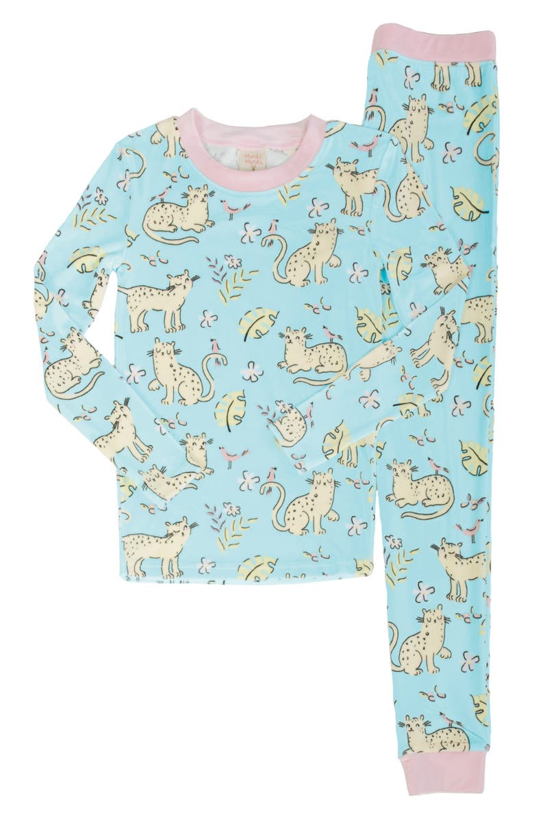 Munki Munki Kids' Jungle Kitties Fitted Two-Piece Pajamas, Main, color, Light Blue