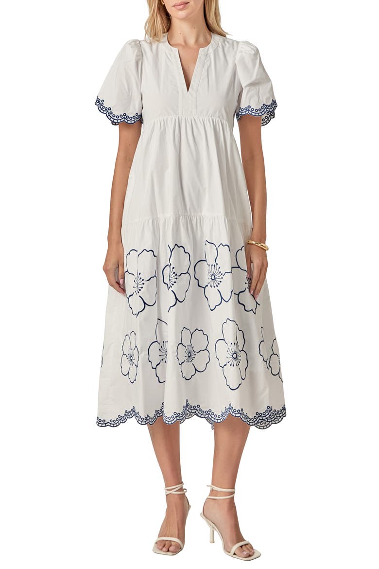 Embroidered Puff Sleeve Cotton Sundress, Main, color, IVORY/ NAVY