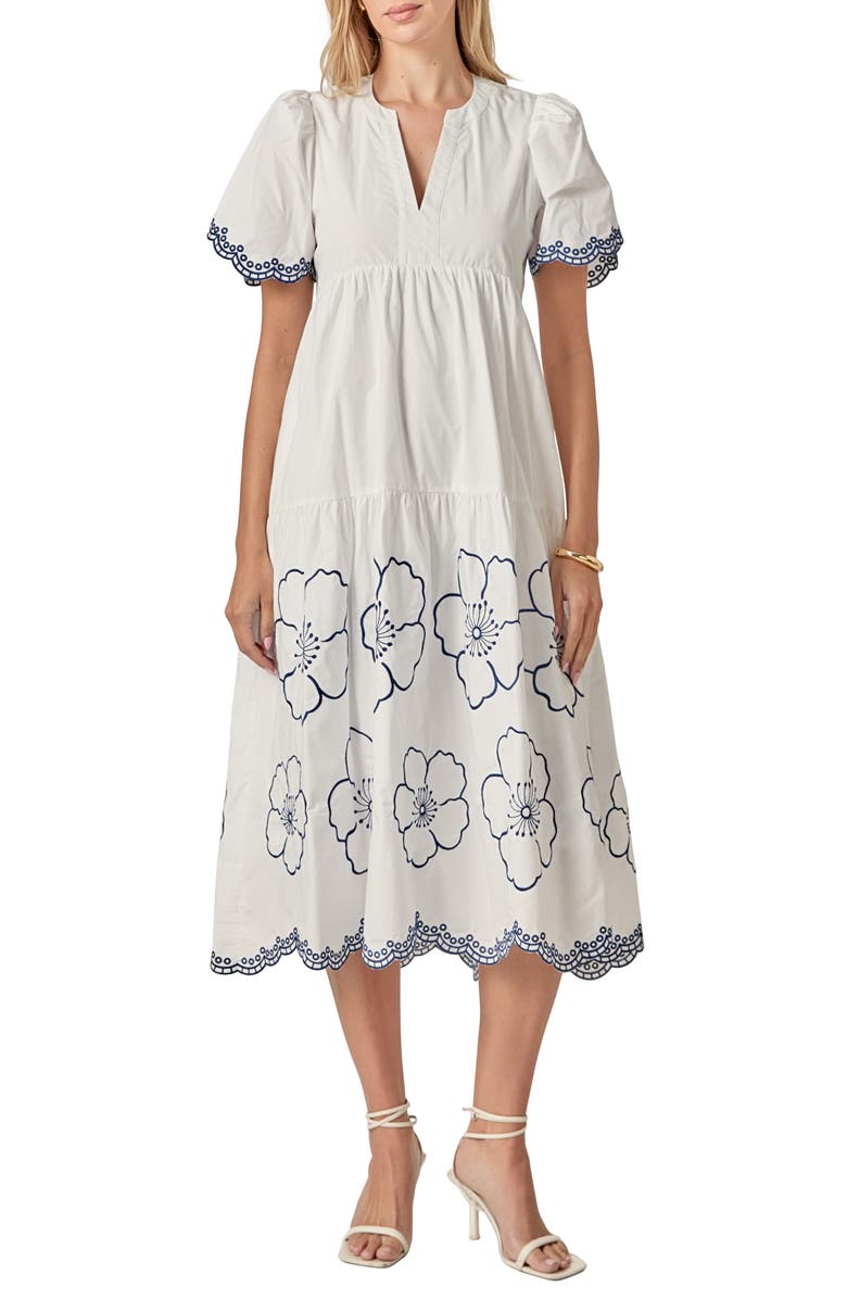 English Factory Embroidered Puff Sleeve Cotton Sundress, Main, color, Ivory/ Navy