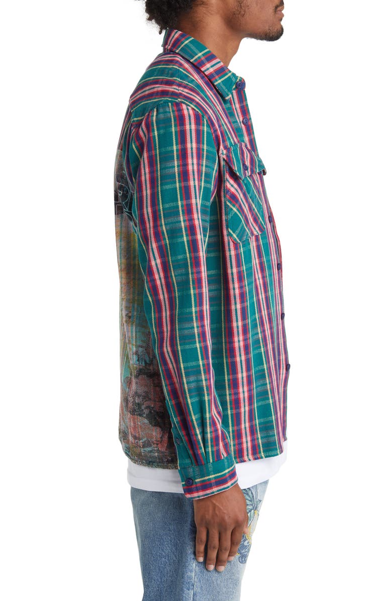 Billionaire Boys Club New World Plaid Graphic Button-Up Shirt, Alternate, color, Storm