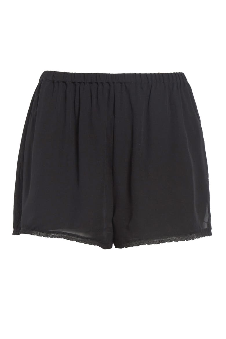 Priscilla Lace Trim Silk Shorts, Alternate, color, BLACK