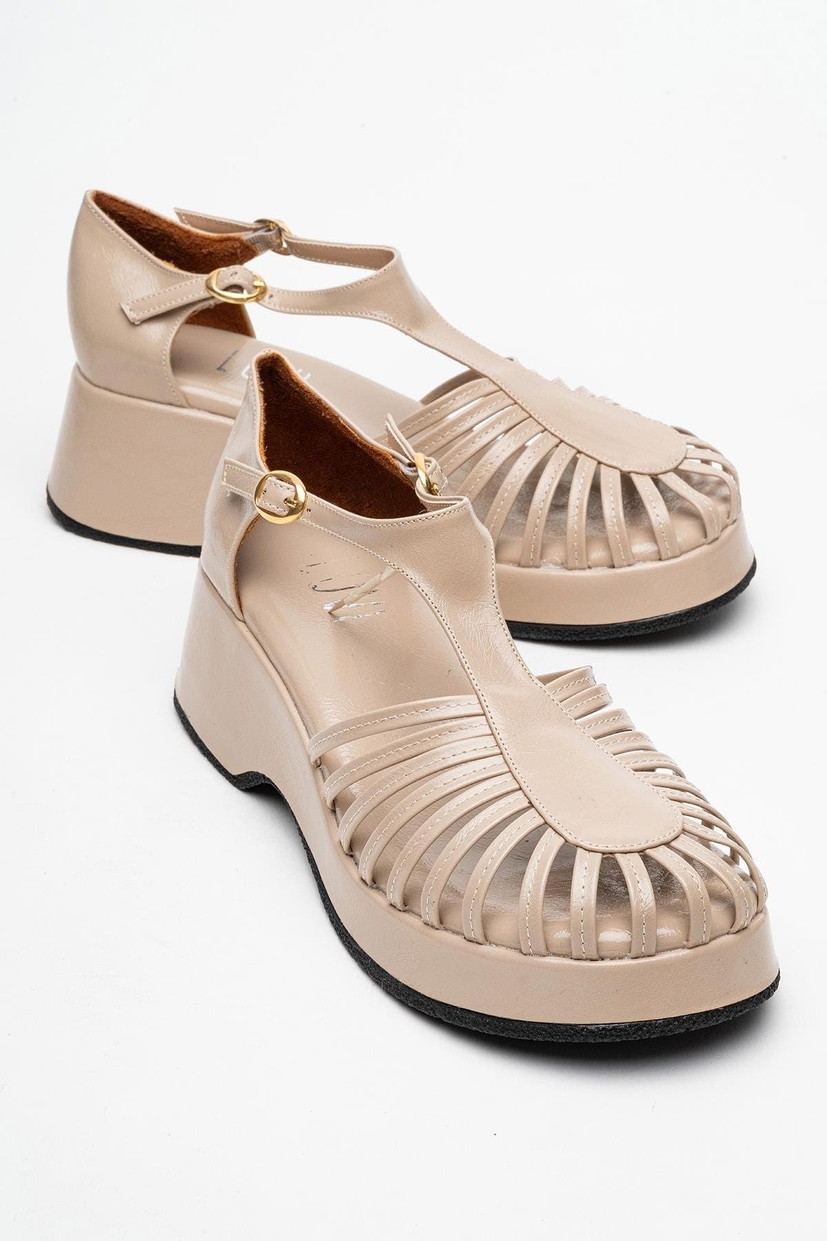 Prologue Shoes Aniel Platform Wedge Sandal, Main, color, Beige Faux Leather