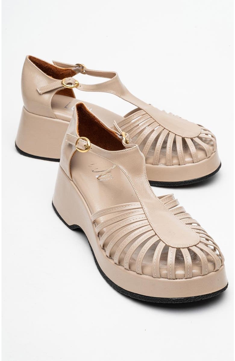 Prologue Shoes Aniel Platform Wedge Sandal, Main, color, Beige Faux Leather