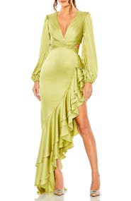 Mac Duggal Plunge Neck Cut Out Asymmetrical Ruffle Gown