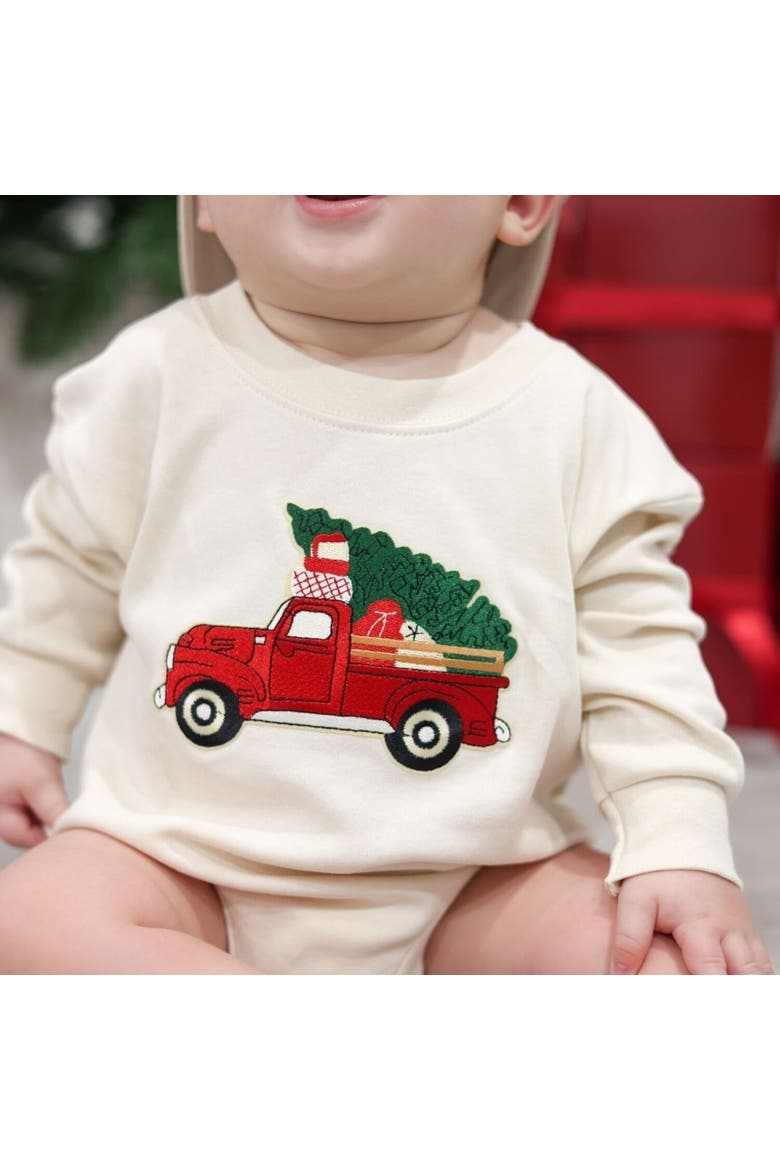 Christmas Truck Patch Long Sleeve Romper, Alternate, color, Natural