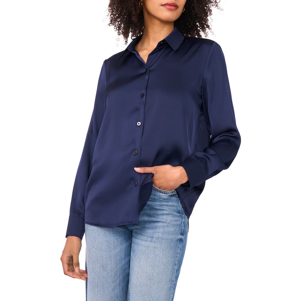 Vince Camuto Satin Long Sleeve Button-up Shirt In Blue