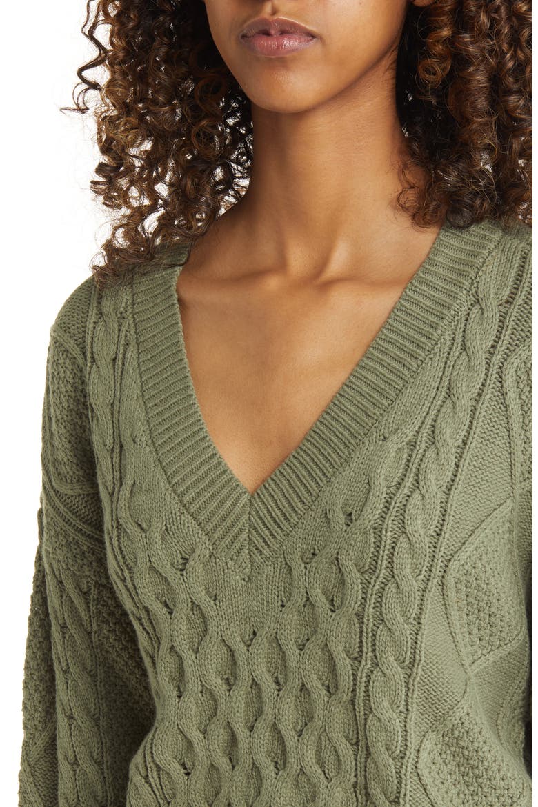 V-Neck Cable Knit Sweater, Alternate, color, GREEN DUNE