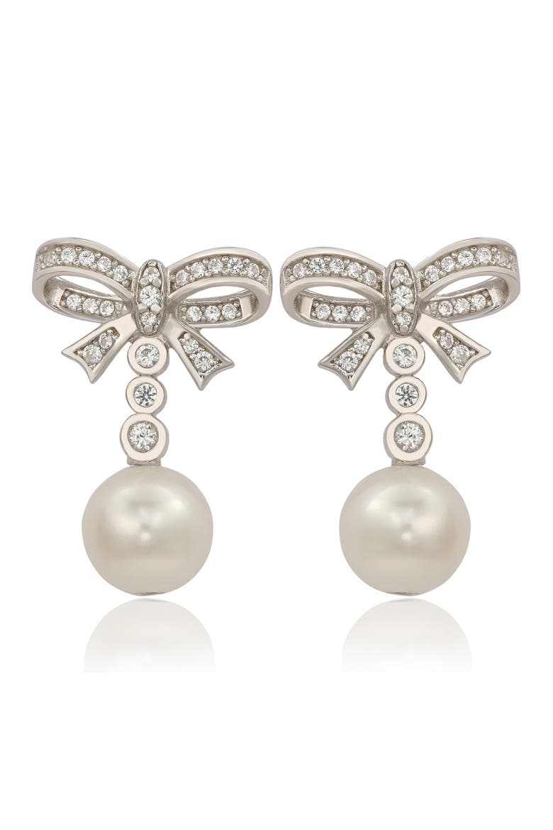 Sterling Silver Freshwater Pearl Bow Drop Earrings, Main, color, WHITE