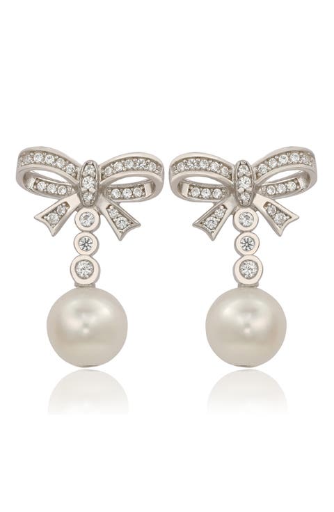 Sterling Silver Freshwater Pearl Bow Drop Earrings