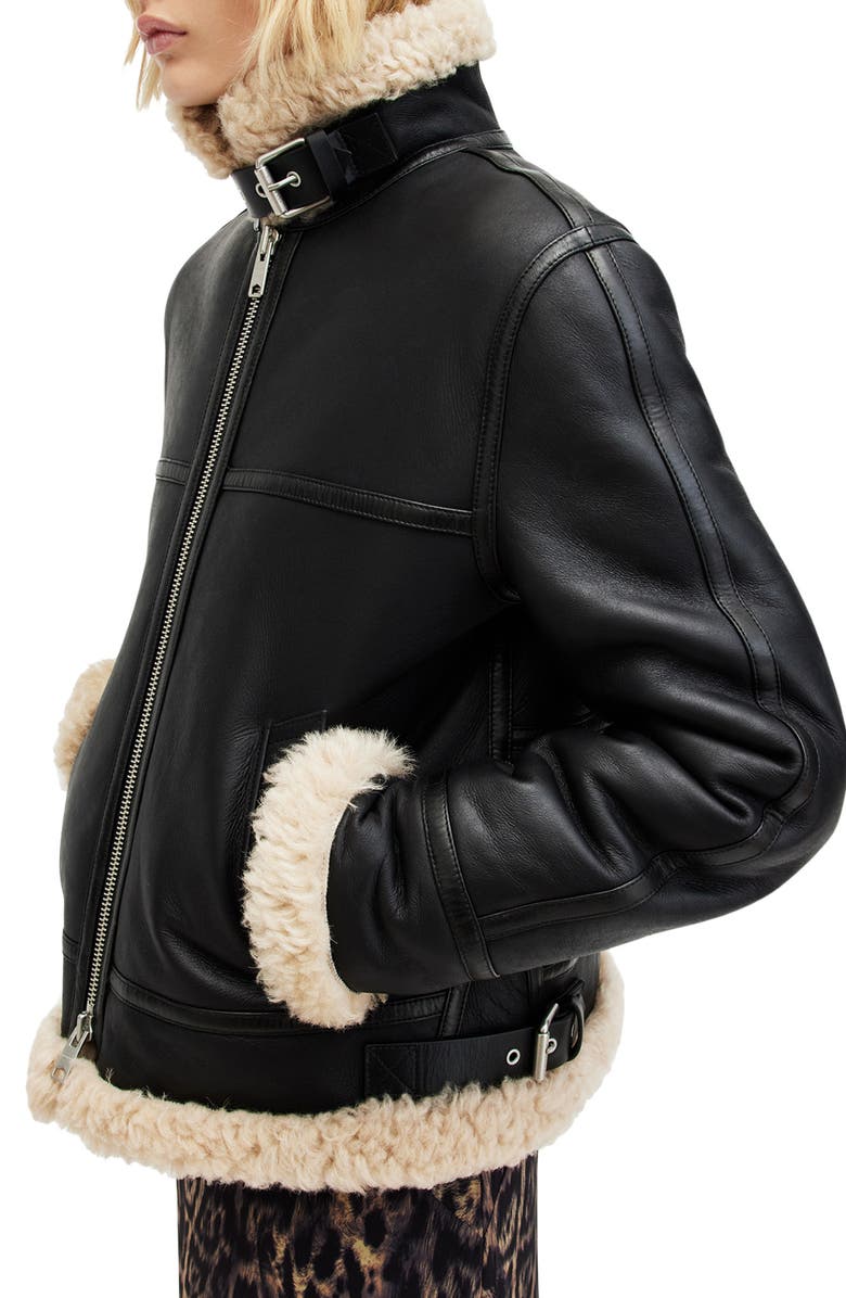 AllSaints Lorel Leather & Genuine Shearling Flying Jacket, Alternate, color,