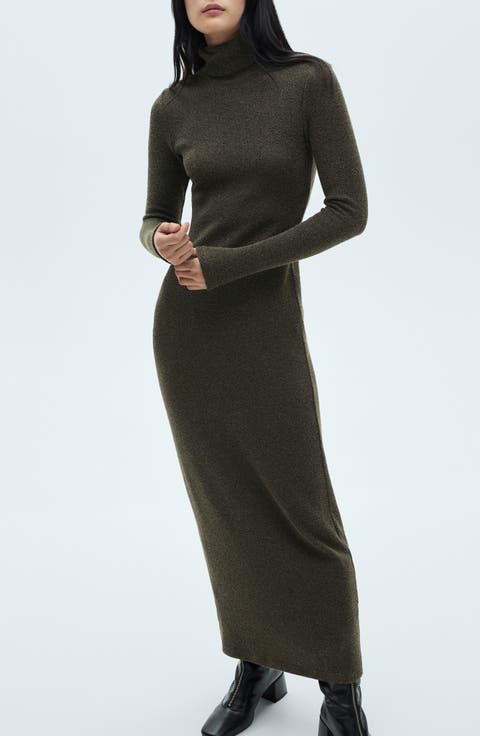 Turtleneck Long Sleeve Cotton Blend Maxi Dress