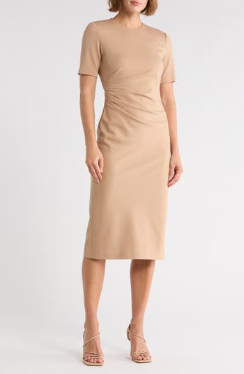 Theory Ruched Side Short Sleeve Dress In Brown