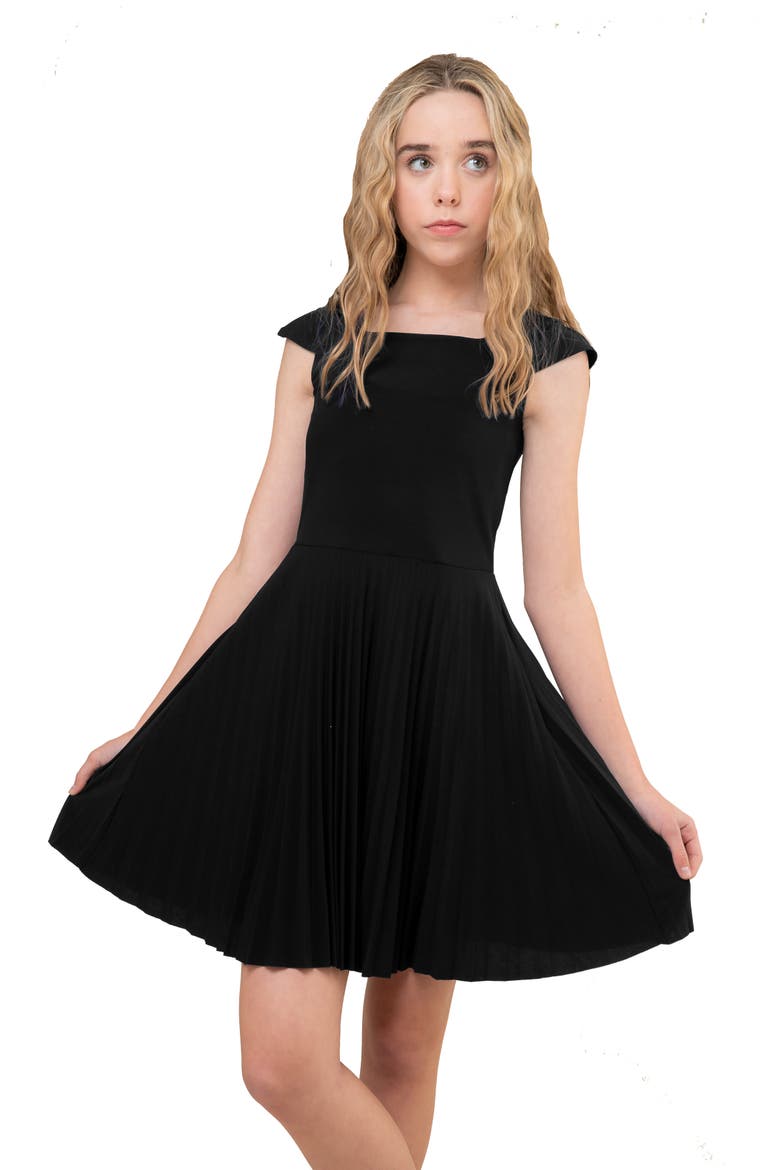 Cap Sleeve Pleated Dress, Main, color, Black