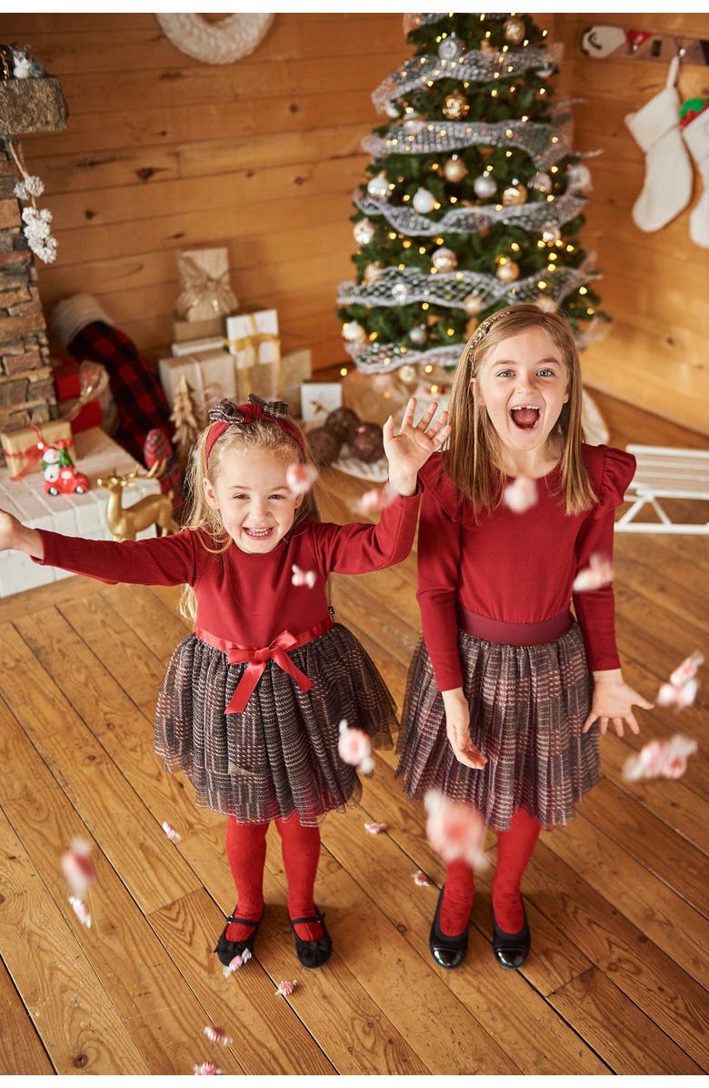 Deux par Deux Baby Girl's Bi-Material Dress With Glittering Tulle Skirt Red Plaid, Alternate, color, 