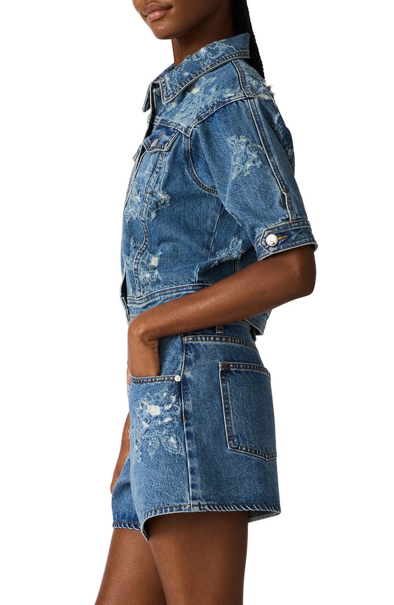 Steve Madden Distressed Short Sleeve Denim Jacket, Alternate, color, Mixed Indigo
