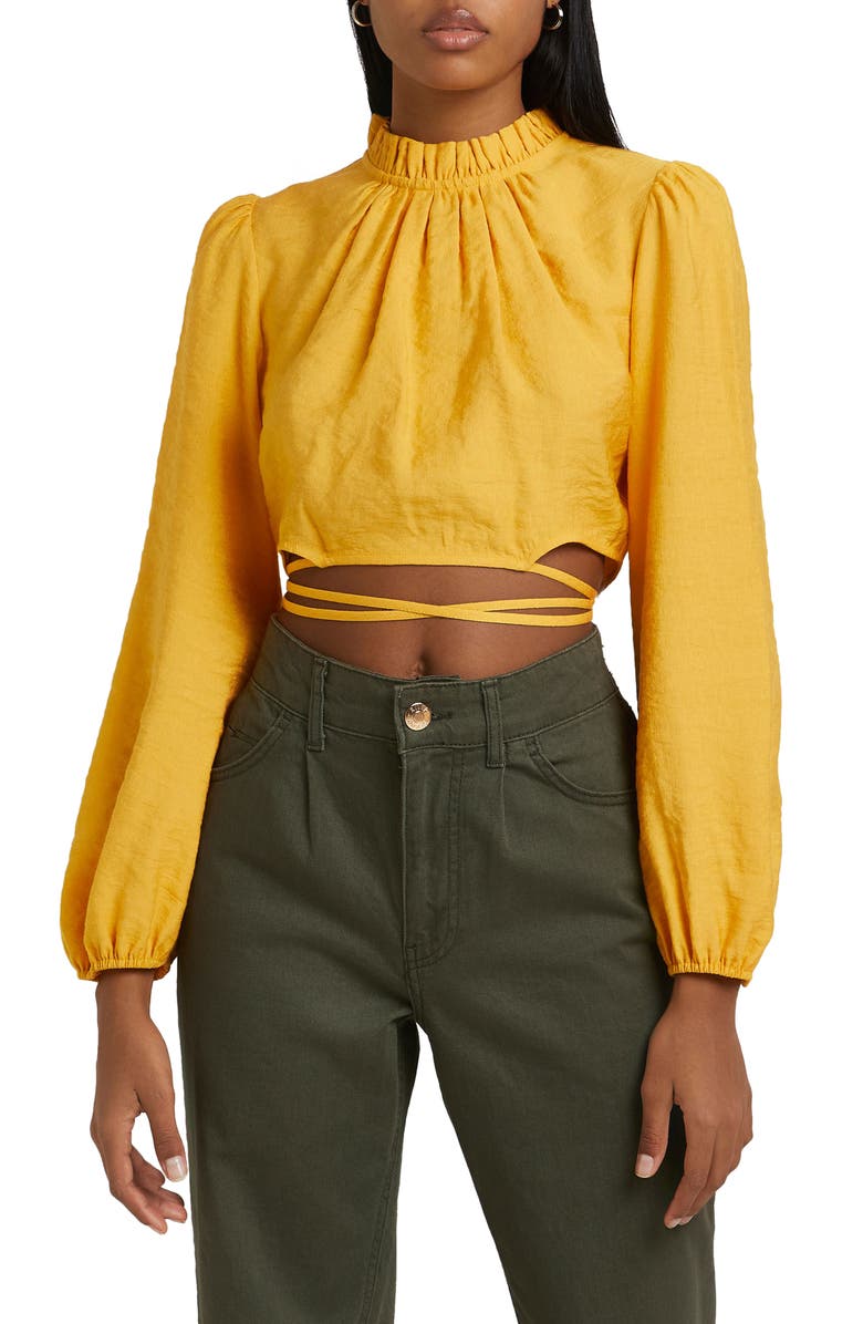 River Island Mock Neck Tie Waist Crop Top, Main, color,