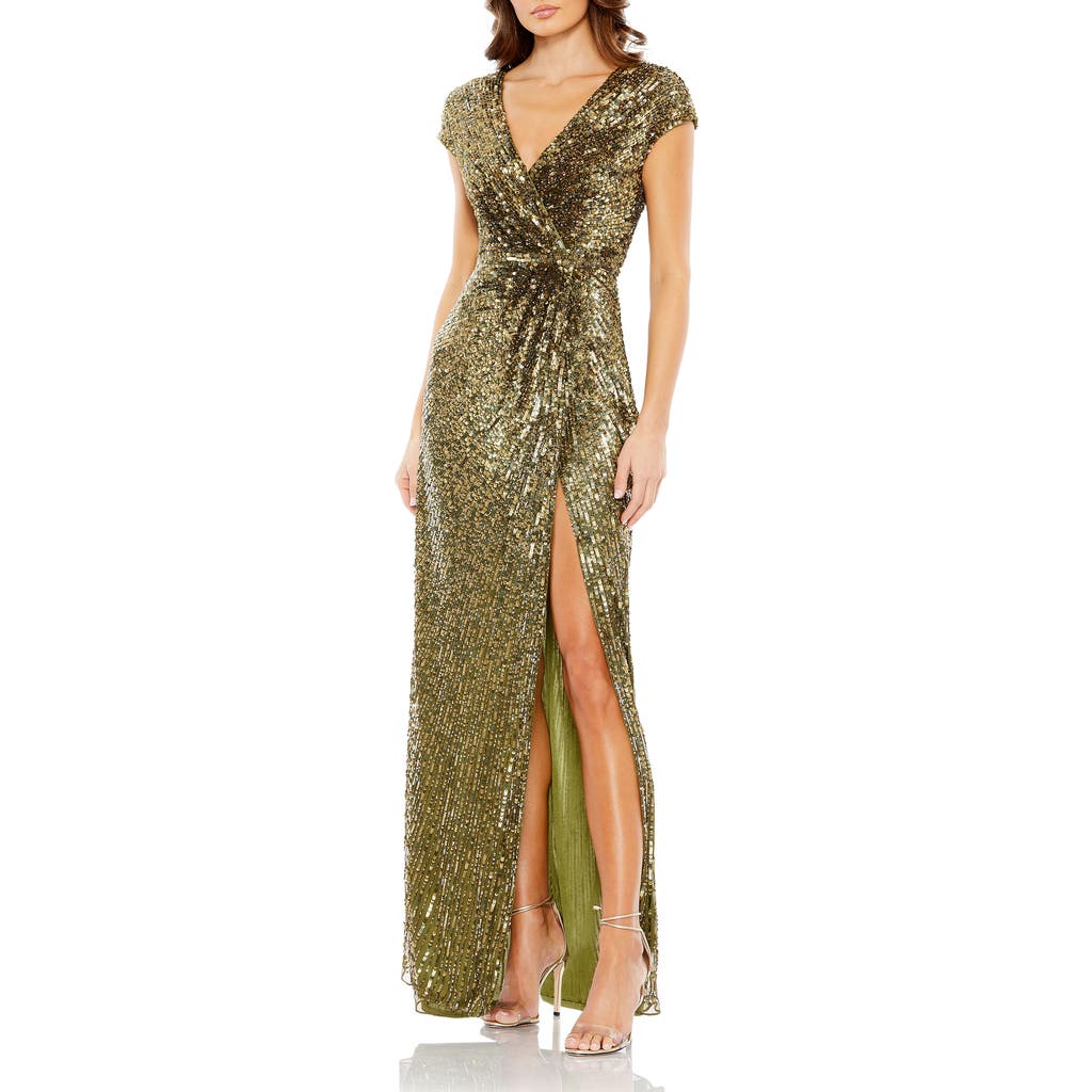 Mac Duggal Sequined Faux Wrap Cap Sleeve Gown In Olive