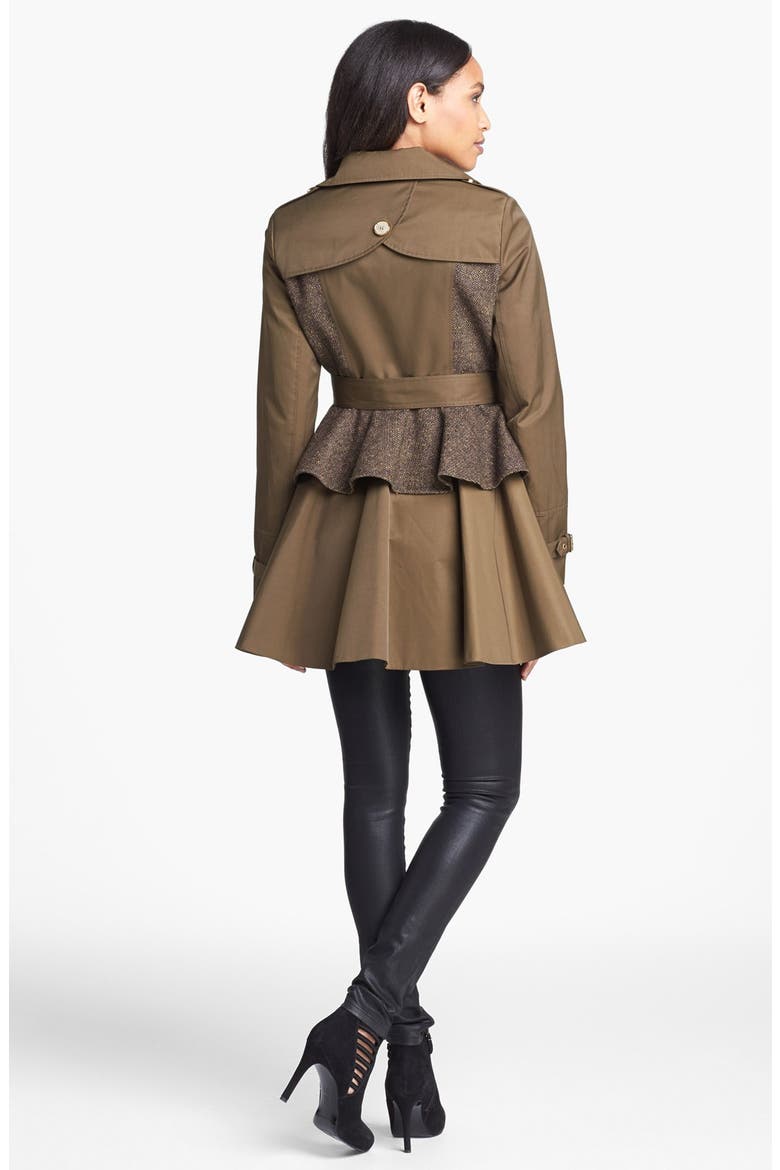 Tweed Panel Peplum Trench Coat, Alternate, color, OLIVE