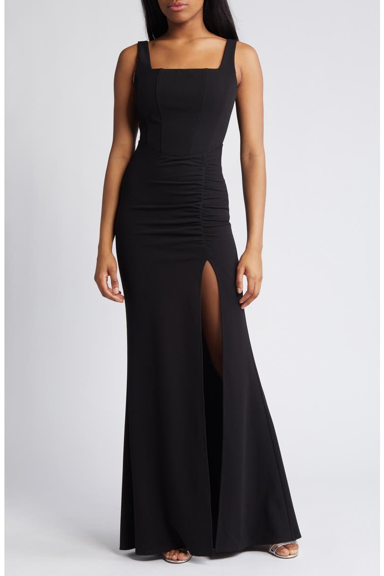 Corset Sleeveless Ruched Gown, Main, color, BLACK