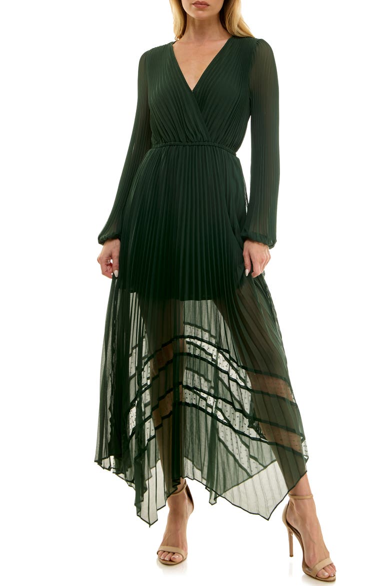 Long Sleeve Lace Inset Pleated Chiffon Dress, Main, color, DEEP HUNTER