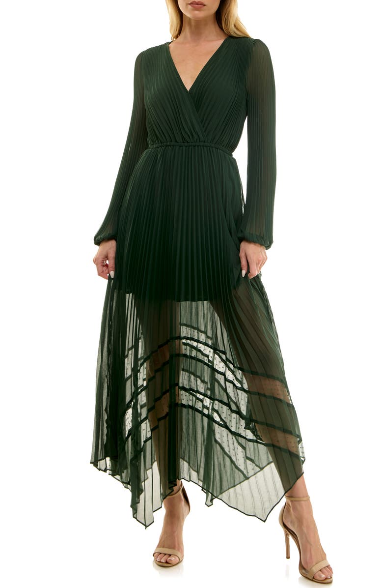Socialite Long Sleeve Lace Inset Pleated Chiffon Dress, Main, color, Deep Hunter