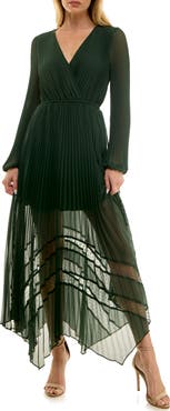 Socialite Long Sleeve Lace Inset Pleated Chiffon Dress