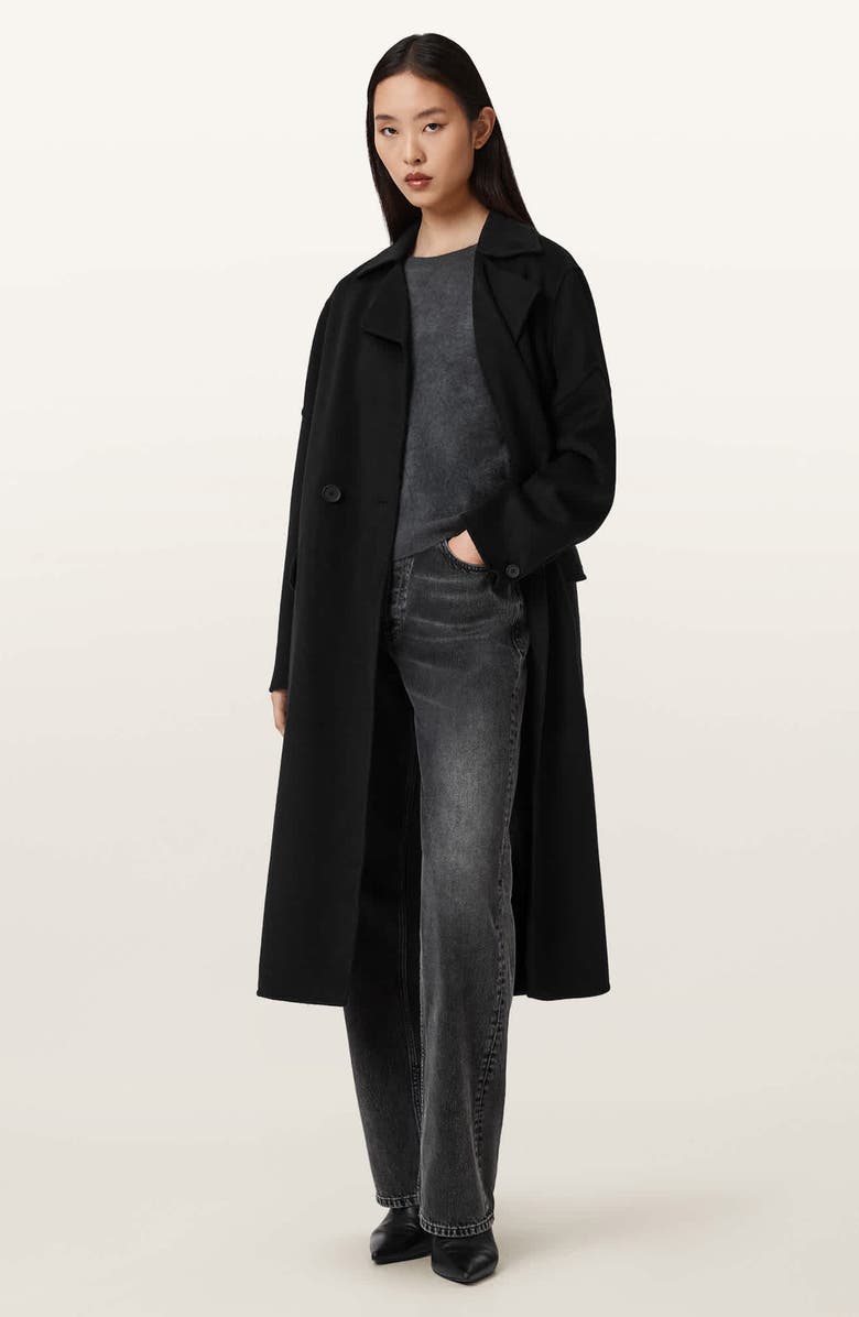 AllSaints Sellma Double Breasted Wool Blend Coat, Alternate, color, Black