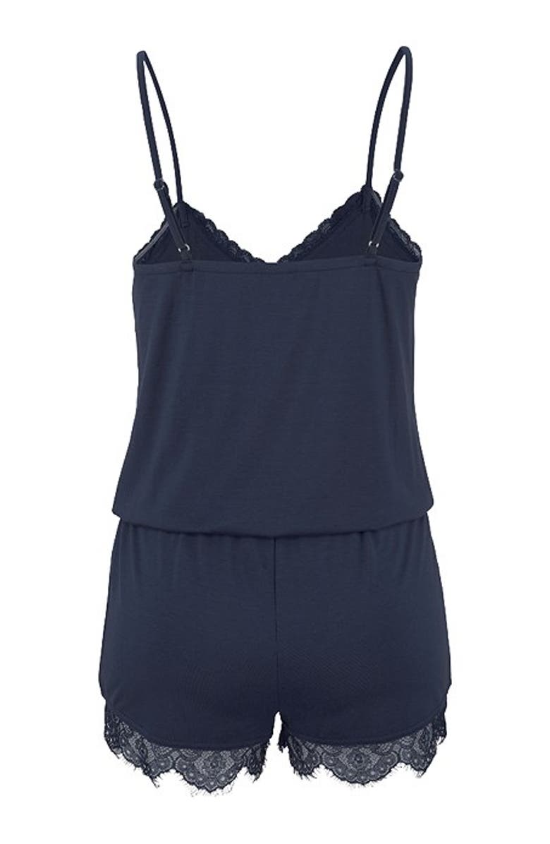 LASCANA Women's Lace Detail Pajama Romper, Alternate, color, Navy