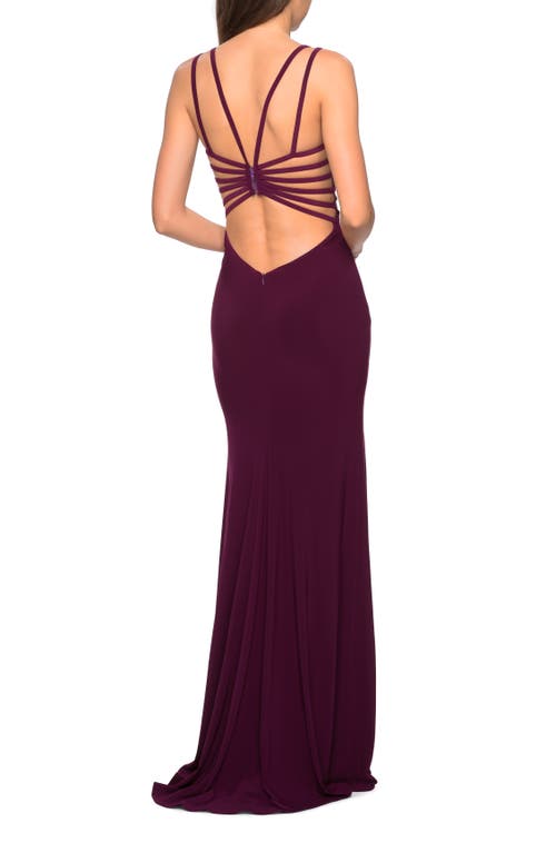 La Femme Sultry Long Dress With Intricate Strappy Back In Dark Berry