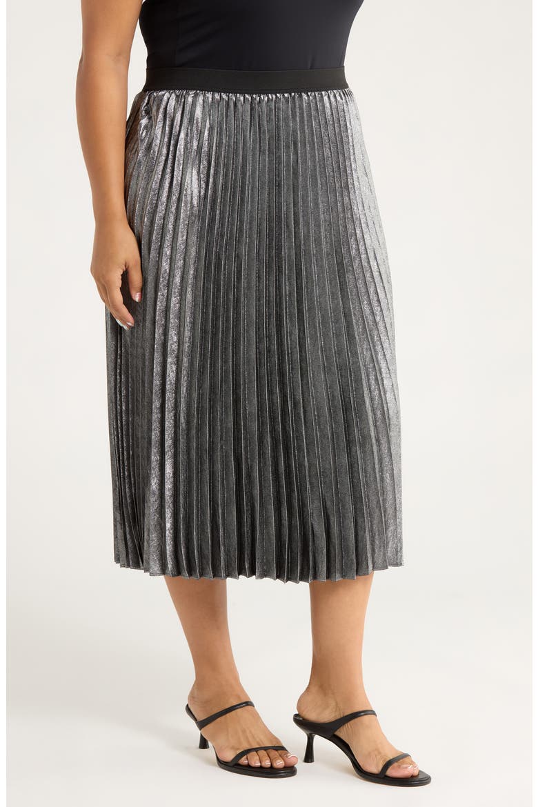 Pleated Metallic Midi Skirt, Alternate, color, SILVER