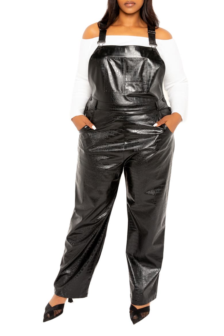 Croc Embossed Faux Leather Overalls, Alternate, color, BLACK