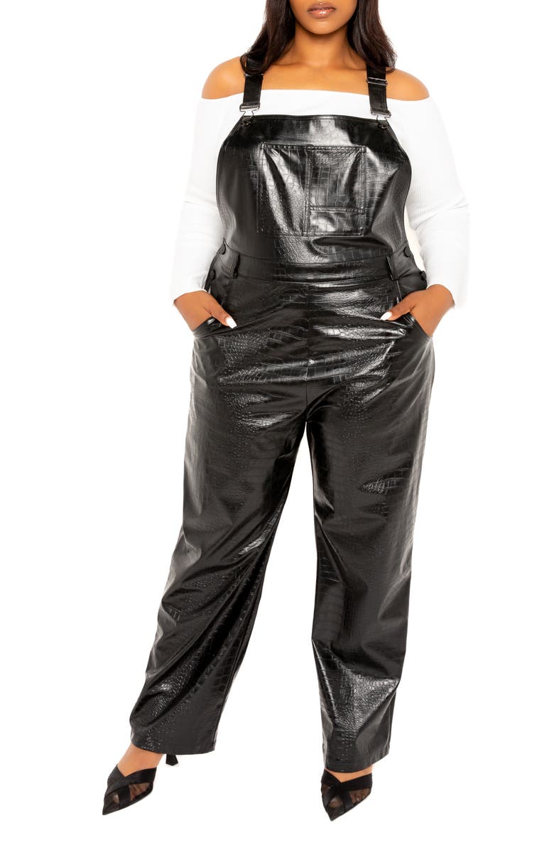 BUXOM COUTURE Croc Embossed Faux Leather Overalls, Alternate, color,