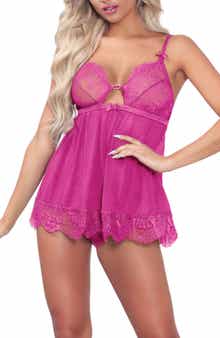 Seven ‘til Midnight Lace Trim Mesh Babydoll & Panties Set