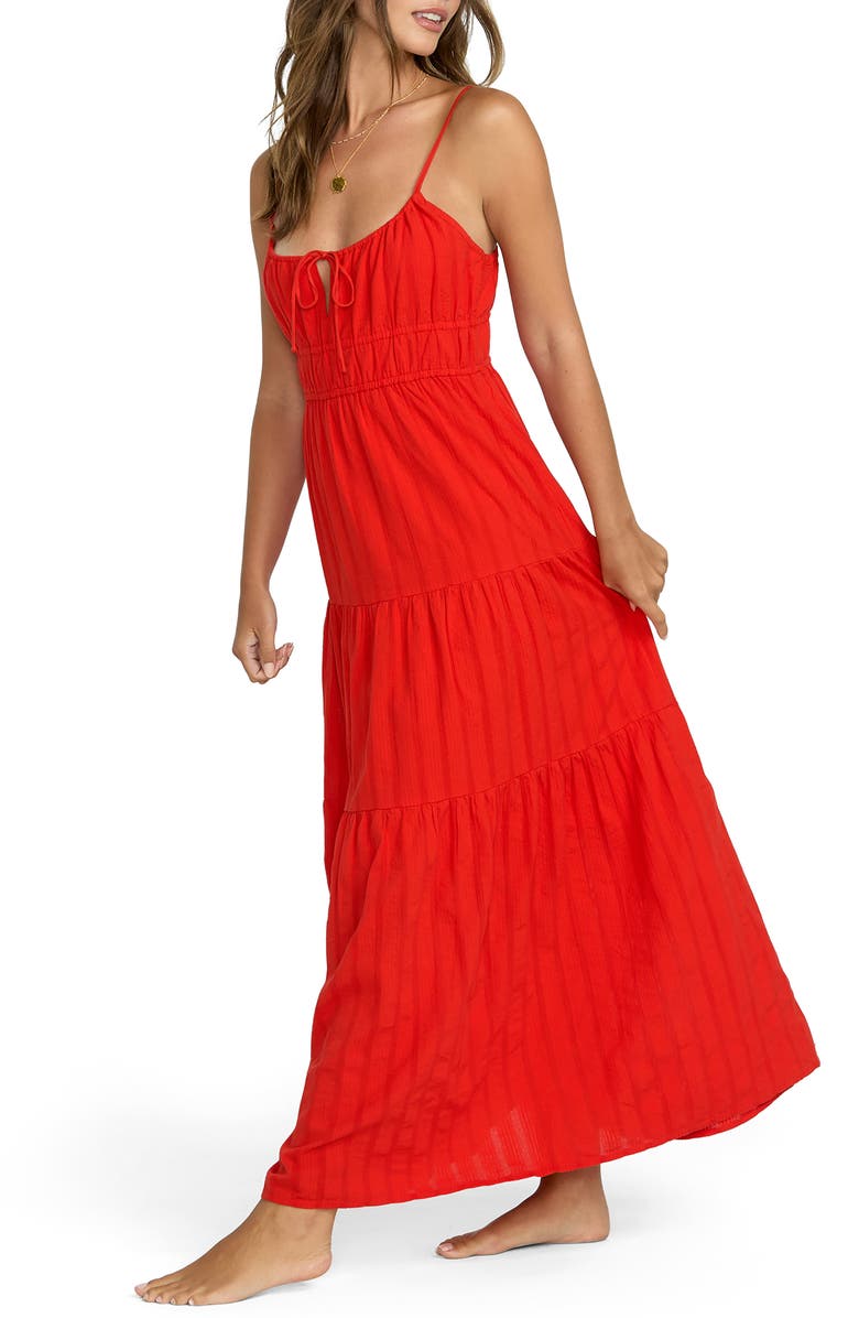 Billabong Red Aloha Tiered Cotton Maxi Sundress, Alternate, color,